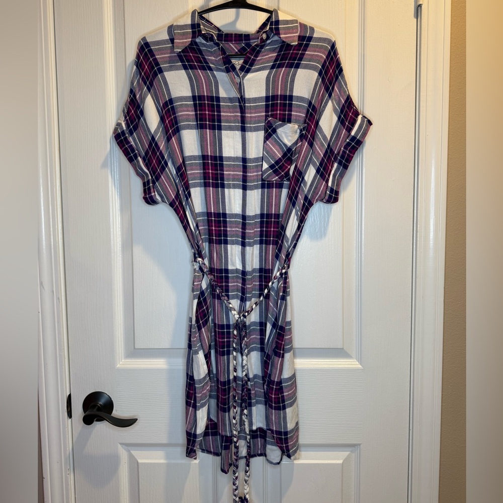 NWT Rails Purple White Plaid Flannel Shirt Dress Tie Waist Size S